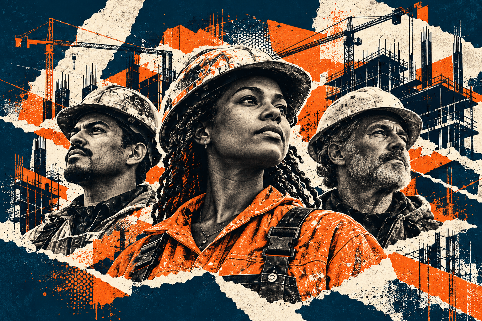 Construction crew portrait collage in navy, orange and warm paper.